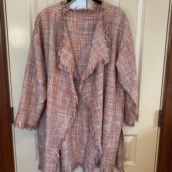 Vintage Jackets & Blazers - Vintage Pink Tweed 3/4 Sleeve Duster Jacket Waterfall Cardigan One Size